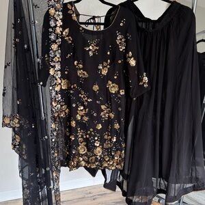 3 piece Indian outfit Elegant Black and Gold sharara set Indian suit for party